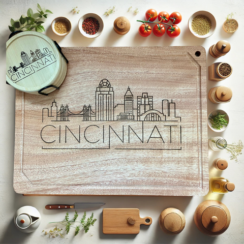Cinci Skyline 12x9 Bamboo & Walnut Cutting/Charcuterie Board & 4 Coaster Gift Set