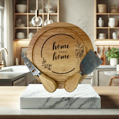 Home Sweet Home Wooden Rotating Cheese Board & Utensils Set Gift