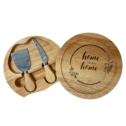 Home Sweet Home Wooden Rotating Cheese Board & Utensils Set Gift