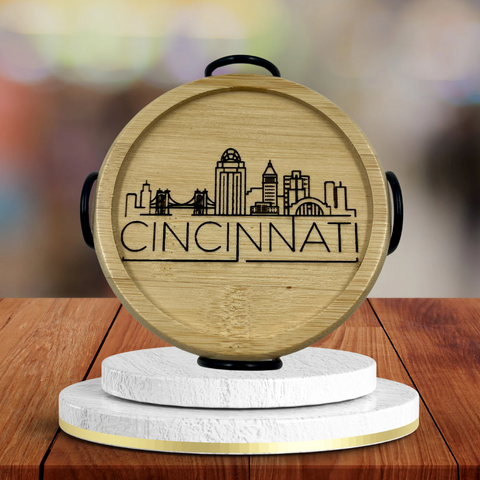 Cinci Skyline Bamboo Wood Coaster Set w/ Metal Holder (Set of 4)