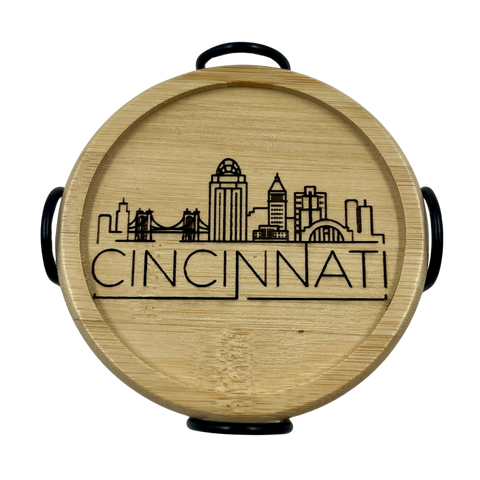 Cinci Skyline 12x9 Bamboo & Walnut Cutting/Charcuterie Board & 4 Coaster Gift Set