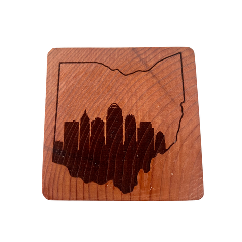 Cincinnati Ohio Skyline 4" x 4" Wooden Coasters (Set of 4) w/ Holder