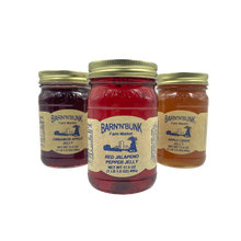 Load image into Gallery viewer, Barn N&#39; Bunk Red Jalapeno Pepper, Apple Cider, &amp; Cinnamon Apple Jelly Bundle Box - 17.5oz each (Trenton, OH)
