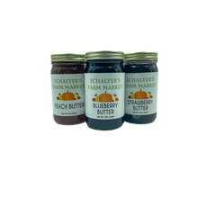 Load image into Gallery viewer, Schaefer&#39;s Farm Market- Strawberry Butter, Peach Butter, &amp; Blueberry Butter Bundle Box  - 9oz each (Trenton, OH)
