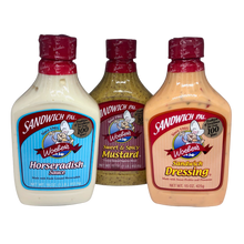 Load image into Gallery viewer, Woeber&#39;s Horseradish Dressing, Sweet and Spicy Mustard, &amp; Sandwich Dressing Bundle Box - 16oz each (Springfield, OH)
