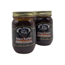 Load image into Gallery viewer, Amish Wedding Apple Butter &amp; Zesty Peach BBQ Sauce Bundle Box - 15oz (Millersburg, OH)
